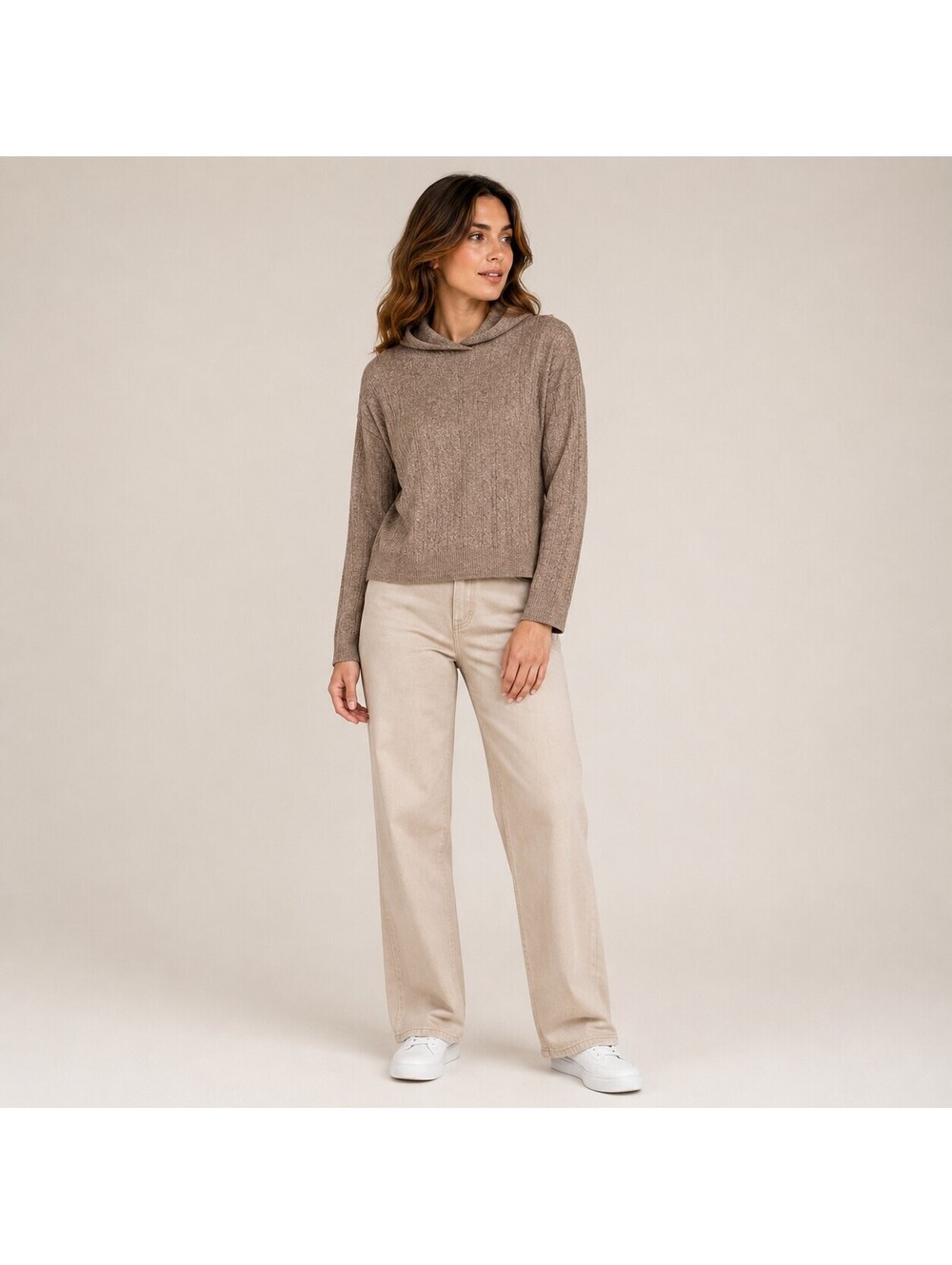 Uniqlo Women's Heather Brown Cable Knit Hoodie Sweater Granola Cottage Pullover